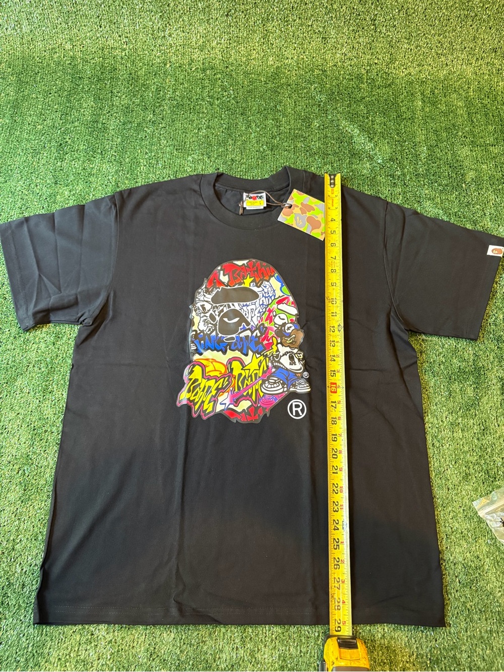 Bape Black Graphic Logo Short Sleeve Tee with Multicolor Ape Head - Picture 6 of 8